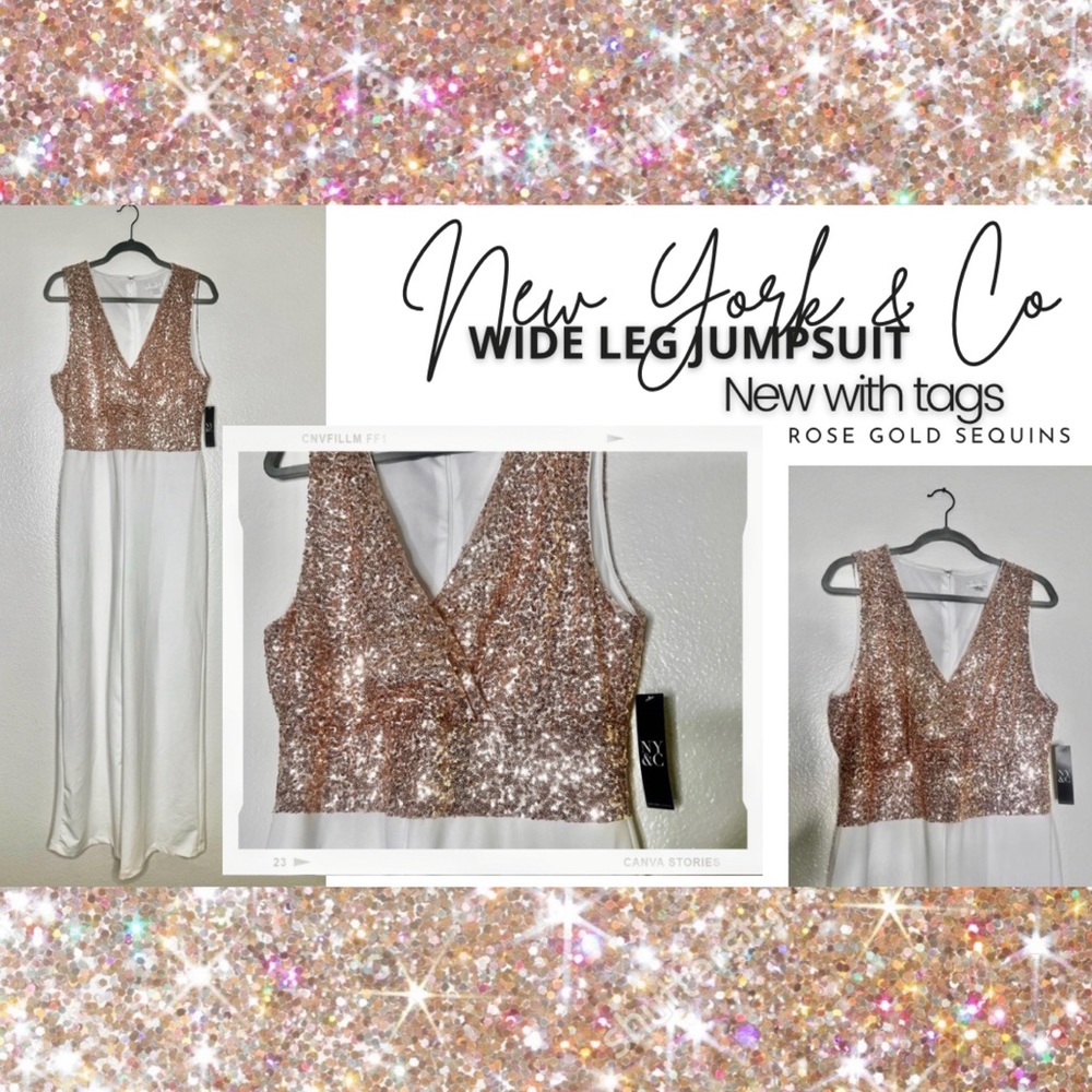 New York & Co Rose Gold Sequins Wide Leg Jumpsuit NEW WITH TAGS